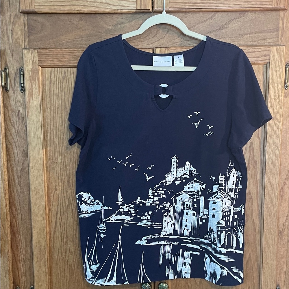 Alfred Dunner Navy Graphic Tee with Coastal Print
